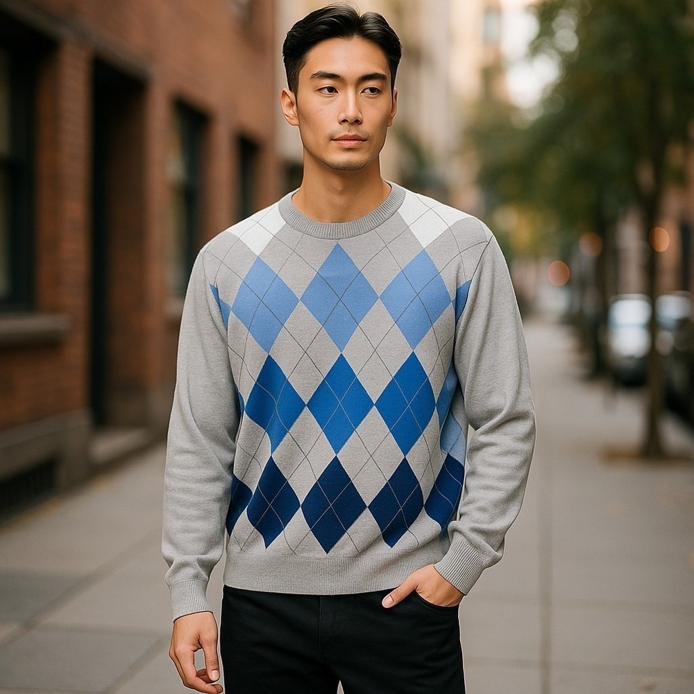 Michael Kors Sweater XL Argyle Gray‎ Blue Lightweight Pullover Preppy Academia